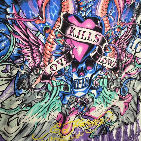 Ed Hardy Y2K Love Kills Slowly Snakes Mermaid Purple Blue Fringe Scarf Wrap NEW - Picture 3 of 7